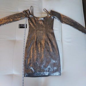 Express silver sequined off the shoulder long sleeve mini dress
